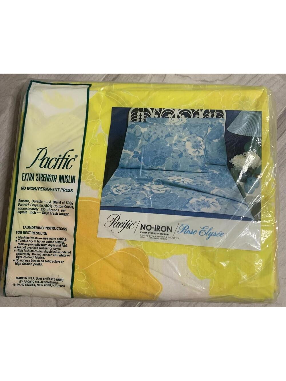 Vtg Pacific No-Iron Extra-Strength Muslin Twin Bed Flat Sheet Floral NEW Yellow